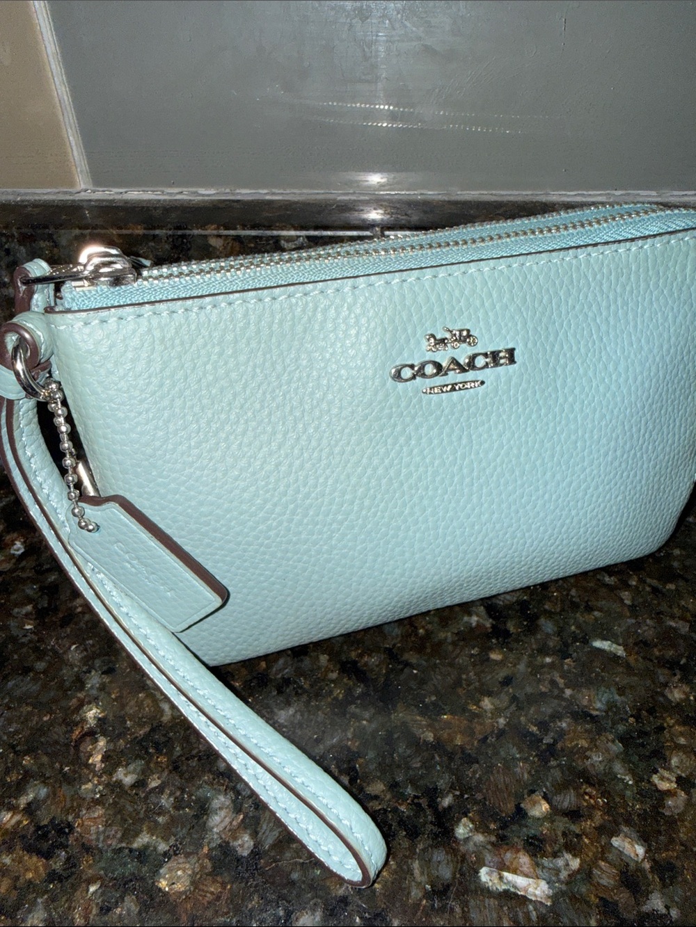 Coach double zip Pebble Leather Wristlet in Mint Blue - Picture 1 of 9